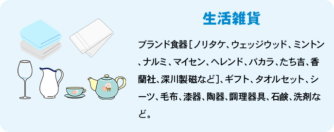 生活雑貨 ブランド食器［ノリタケ、ウェッジウッド、ミントン、ナルミ、マイセン、ヘレンド、バカラ、たち吉、香蘭社、深川製磁など］、ギフト、タオルセット、シーツ、毛布、漆器、陶器、調理器具、石鹸、洗剤など。